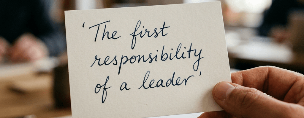 Hand holding card with handwritten text 'The first responsibility of a leader'