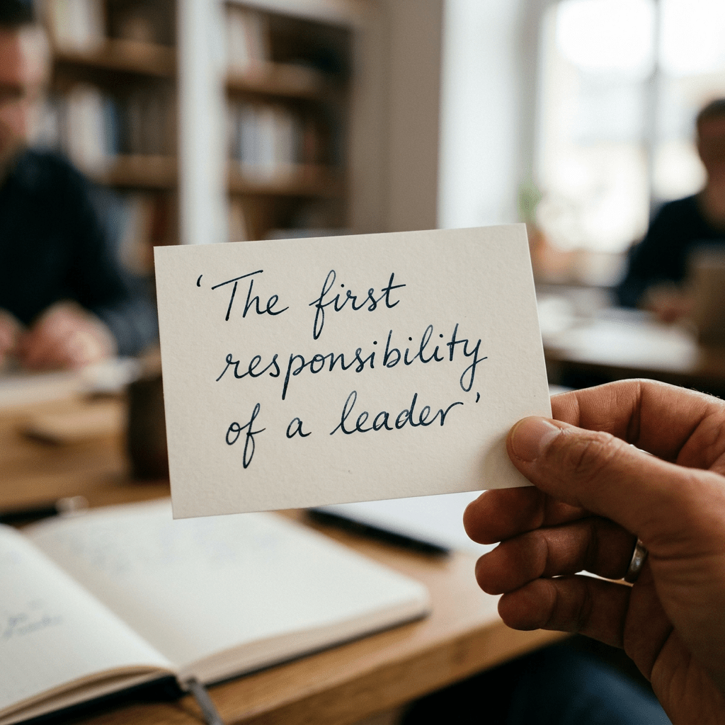 Current image: Hand holding card with handwritten text 'The first responsibility of a leader'