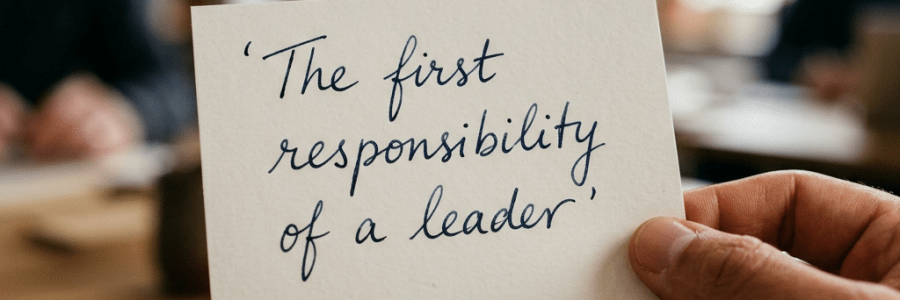 Hand holding card with handwritten text 'The first responsibility of a leader'