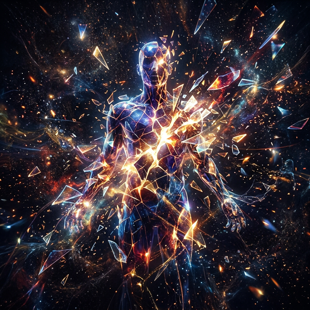 Glowing humanoid figure fragmented like glass floating in cosmic space
